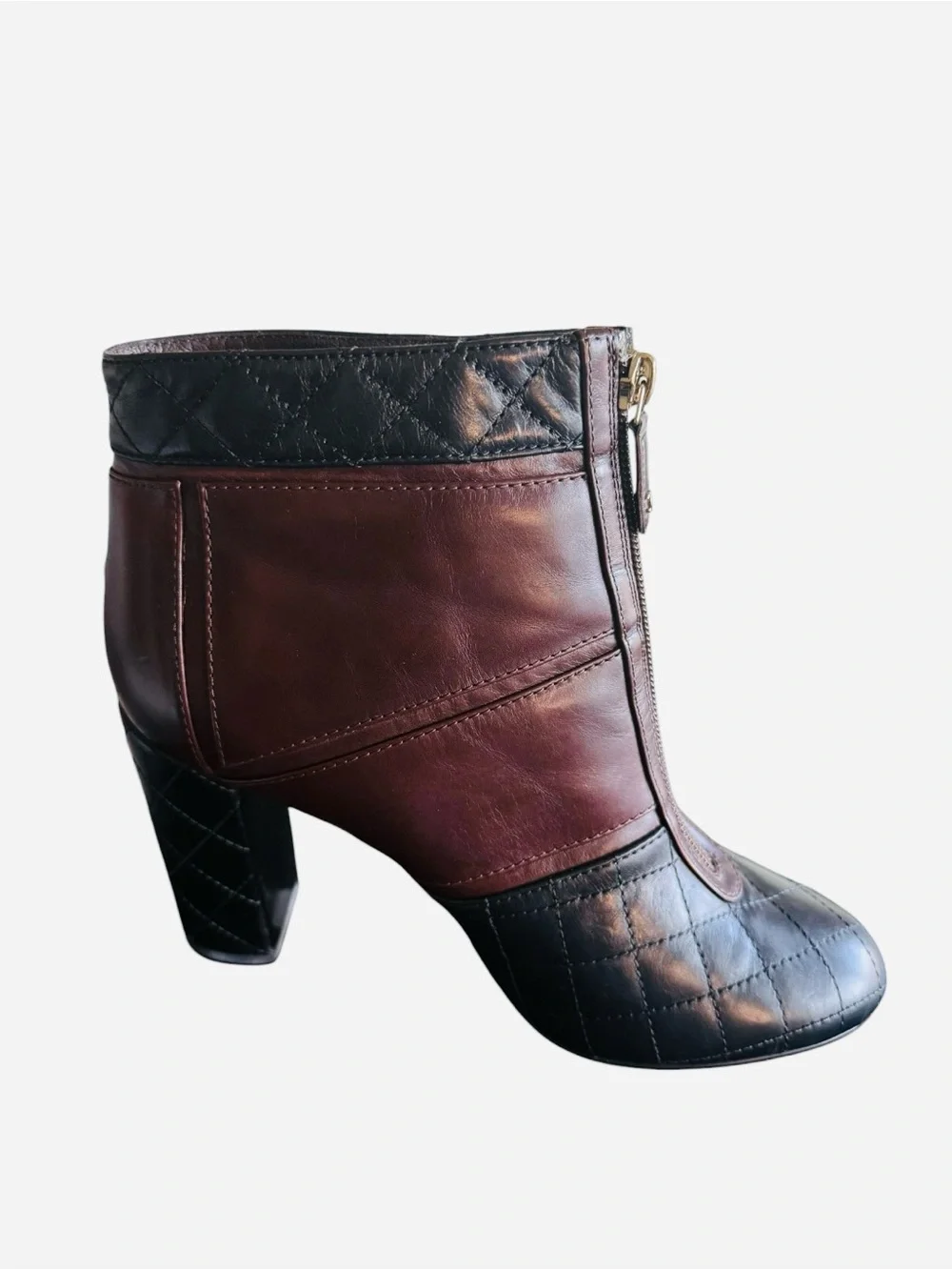 Chanel Quilted Two-Tone Leather Ankle Boots Burgundy & Black Sz EU 39.5/US 9.5